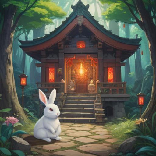 A serene shrine scene, featuring a white rabbit deity, enchanting atmosphere, mystical energies radiating from the shrine, visitors experiencing magical rituals, lush greenery surrounding the shrine, soft glows of lanterns, traditional Japanese architecture, peaceful and sacred environment, 4k