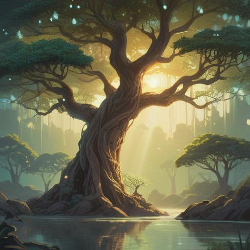 A serene and mystical illustration, white sandalwood tree surrounded by ethereal light, spiritual significance of sandalwood, tranquil atmosphere, gentle flowing energy, elements of meditation and inner peace, nature-infused serenity, rich textures, harmonious colors, 4k