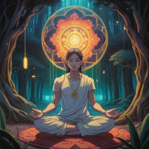 A serene illustration depicting a person meditating with white sandalwood, subtle spiritual symbols in the air, soft glowing light surrounding the figure, a calm atmosphere, hints of mindfulness and spirituality, nature elements like trees and flowers in the background, peaceful expression, 4k