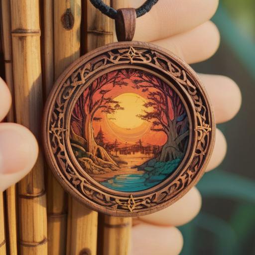 A serene illustration featuring a carved sandalwood pendant, soft golden light, intricate details in wood grain, surrounded by calming nature elements like bamboo and lotus flowers, symbolizing peace and good fortune, harmonious ambiance, 4k