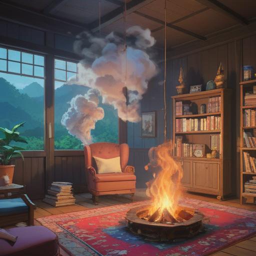 A serene room filled with soft white sandalwood incense smoke, gentle wisps curling in the air, a peaceful atmosphere, warm light filtering through a window, a meditative figure sitting cross-legged on a cushion, surrounded by glowing candles and lush greenery, inviting tranquility and relaxation, 4k