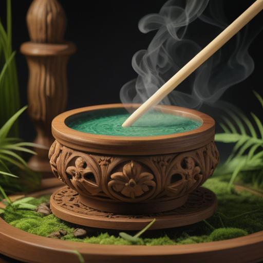 A serene still life composition featuring a beautifully crafted sandalwood incense holder, wisps of fragrant smoke rising gracefully, surrounded by lush green plants, soft sunlight filtering through a window, creating a tranquil and harmonious atmosphere, inviting a sense of calm and relaxation, with detailed textures, 4k