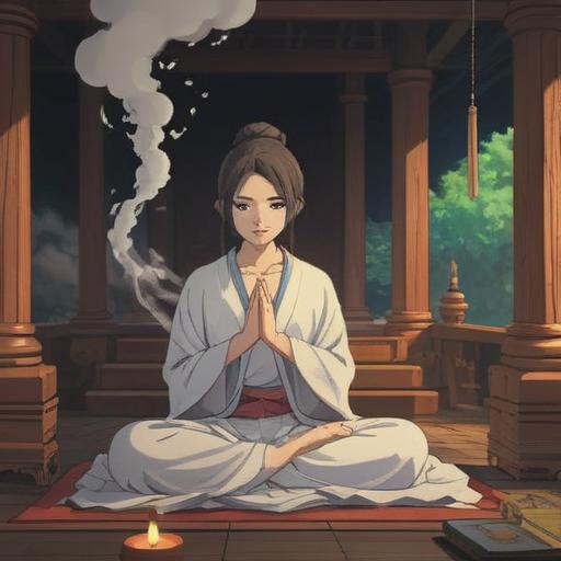 A serene and mystical scene, elements of spirituality, soft glowing white sandalwood incense, gentle smoke swirling in the air, peaceful meditation space, natural light filtering through trees, tranquil atmosphere, ethereal beings, deep connection to nature, calming colors, harmony and balance, 4k