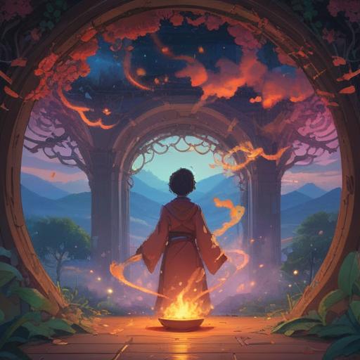 A serene scene depicting the spiritual essence of sandalwood fragrance, glowing ethereal light, peaceful meditative atmosphere, gentle smoke swirls, symbols of tranquility and positivity, natural wood elements, a person meditating peacefully, soft shadows, harmonious colors, uplifting energy, 4k