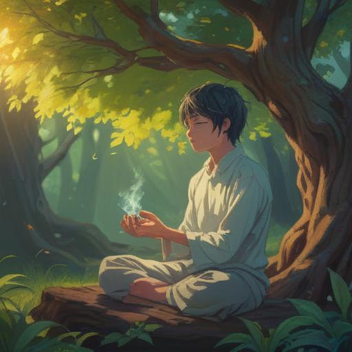 A serene scene depicting a person meditating under a tree, soft white sandalwood smoke swirling around, gentle light filtering through leaves, symbols of intuition and awareness surrounding them, ethereal glow, mystical ambiance, deep connection to nature, 4k