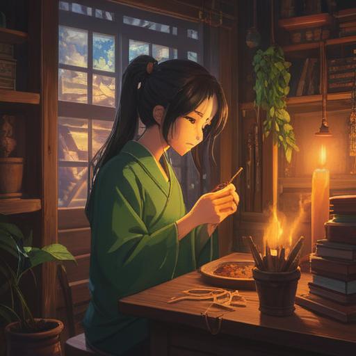 A serene and tranquil scene depicting a person preparing to use sandalwood incense, soft ambient lighting, subtle spiritual symbols in the background, a calming atmosphere, focus on the incense and its smoke, gentle swirling patterns, hints of nature with plants surrounding, meditative expression on the person's face, spiritual energy flowing around, 4k