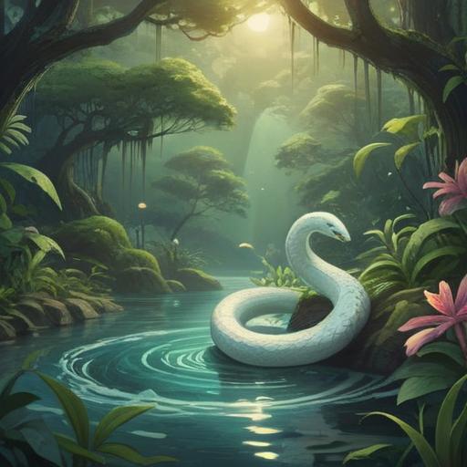 A mystical scene depicting a white snake emerging gracefully from a serene body of water, surrounded by lush greenery, a soft glow emanating from its scales, embodying transformation and rebirth, symbolizing spiritual awakening and wisdom, tranquil atmosphere, ethereal lighting, intricate details in the background, 4k