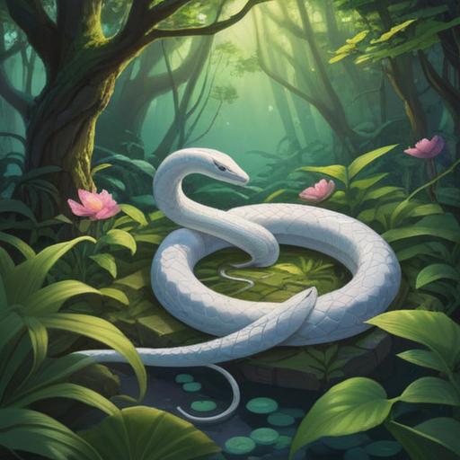 A mystical scene featuring a white snake symbolizing spiritual good fortune, glowing softly in a serene, tranquil environment, surrounded by lush greenery and ethereal light, reflecting ancient wisdom and positive energy, with a gentle water stream flowing nearby, capturing a sense of harmony and enlightenment, enchanting atmosphere, 4k