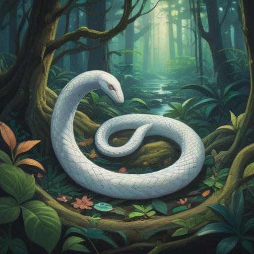 A mystical scene depicting a white snake emerging in a tranquil forest, symbolic representation of spiritual awakening, vibrant nature surrounding the white snake, an ambient glow illuminating the snake, signs of intuition and guidance present in the environment, subtle hints of ancient wisdom, serene atmosphere, 4k