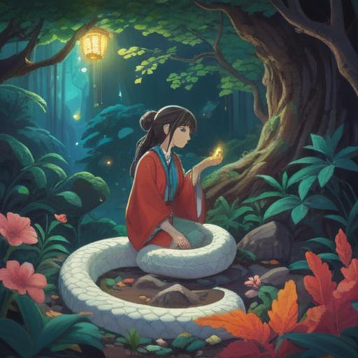 A mystical scene featuring a person discovering a white snake, vibrant colors, serene natural landscape, lucky charm items scattered around, shimmering light effects, magical atmosphere, symbolic imagery, detailed flora and fauna, calm expression on the person's face, high resolution