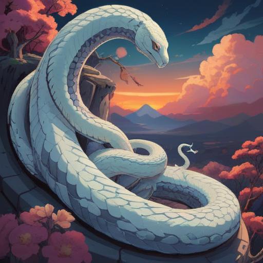 A serene and mystical scene, a white snake coiling gracefully amidst ethereal clouds, radiant moonlight illuminating its shimmering scales, a dream-like atmosphere, symbolizing spirituality and transformation, tranquil colors, delicate details, evoking a sense of calm and introspection, 4k