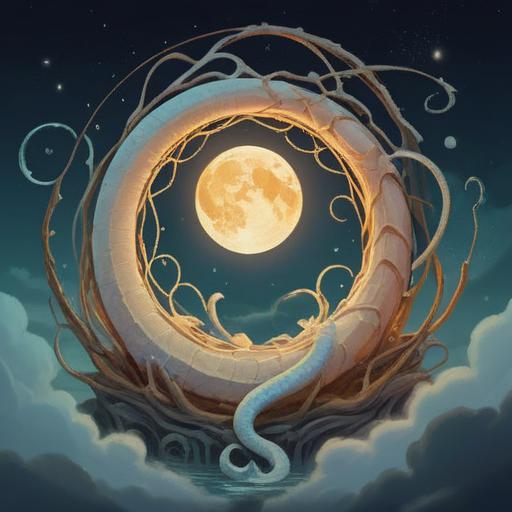 A serene and ethereal scene depicting a white serpent coiled around a glowing moon, surrounded by luminous orbs, mystical fog gently enveloping the landscape, symbols of hope and transformation subtly integrated, tranquil waters reflecting the moonlight, calming ambiance, spiritual awakening, 4k