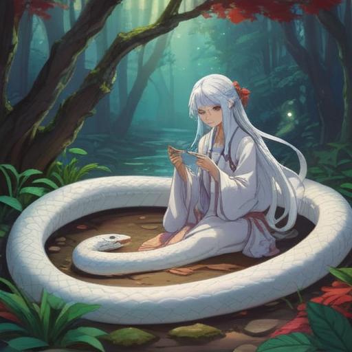A mystical scene featuring a white snake, symbolizing spiritual awakening, serene landscape with ethereal light, a person observing the snake with an expression of awe, lush greenery surrounding the figure, subtle symbols of intuition and protection in the background, dreamlike atmosphere, vibrant colors, 4k