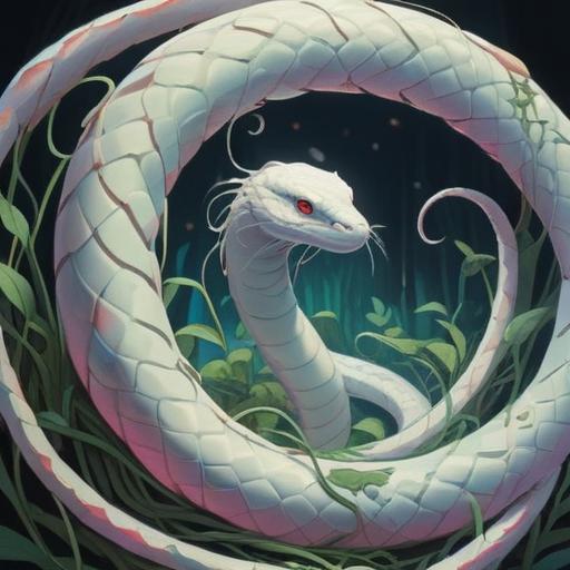 A serene illustration of a white snake coiled gracefully around a glowing lucky number, soft pastel colors, dreamlike atmosphere, ethereal background with subtle stars and clouds, mystical symbolism, harmonious blend of fantasy elements, 4k