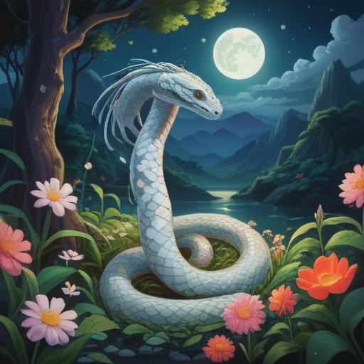 A white snake slithering through a mystical landscape, shimmering in the moonlight, surrounded by vibrant flowers and lush greenery, symbolizing transformation and opportunity, an ethereal atmosphere, soft light filtering through the trees, richly detailed background, enchanting dreamlike quality, vibrant colors, 4k
