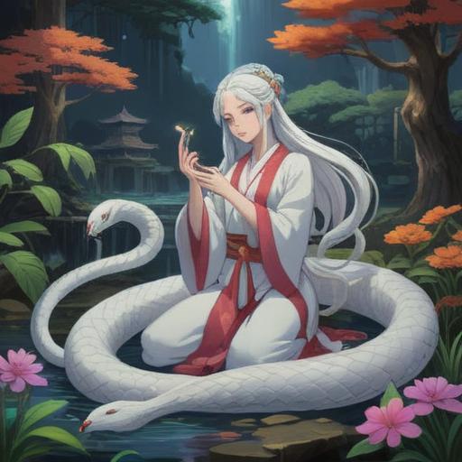 A serene and mystical scene depicting a white snake entwined around Benzaiten, the goddess of music and knowledge, surrounded by flowing water and blooming cherry blossoms, serene expression on Benzaiten's face, symbolic elements representing wisdom and prosperity, ethereal light illuminating the figures, harmonious composition, tranquil atmosphere, 4k