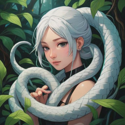 A serene and mystical illustration of a white snake coiled gracefully among lush greenery, symbolizing spiritual transformation, bright glimmering aura surrounding the snake, gentle sunlight filtering through the leaves, tranquil water flowing in the background, harmonious atmosphere, rich textures, 4k