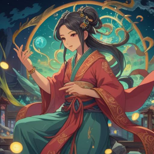 A serene and mystical scene depicting Benzaiten, the goddess of music and knowledge, surrounded by soft, shimmering lights, ethereal symbols floating in the air, a tranquil lake reflecting her image, lush greenery in the background, a gentle breeze creating ripples in the water, a sense of divine guidance and spiritual signs, warm and inviting atmosphere, 4k