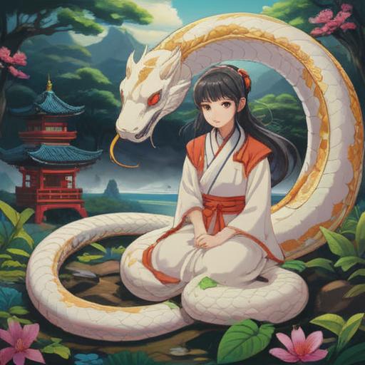 A white snake coiled around a vibrant, golden lucky charm, adorned with symbols of prosperity, set against a serene Japanese landscape, glowing with mystical energy, reflecting the blessings of Benzaiten, intricate details in the charm and snake scales, the scene filled with warmth and tranquility, capturing a sense of fortune and protection, 4k
