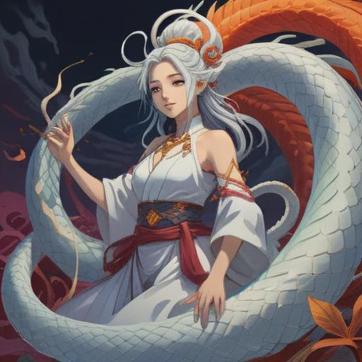 A serene scene depicting a white serpent, gracefully coiling around the figure of Benzaiten, the goddess of music and arts, ethereal light illuminating the surroundings, lush greenery and flowing water in the background, spiritual symbols emanating from the serpent, a mystical aura surrounding the goddess, vibrant yet tranquil colors, intricate details in their expressions, magical atmosphere, 4k