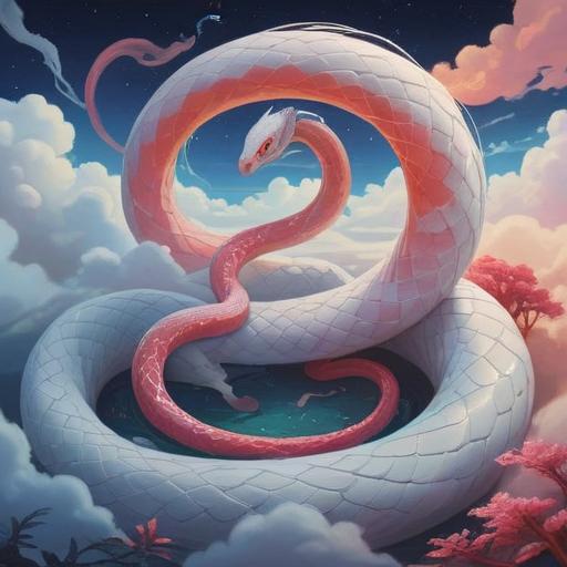 A serene and mystical scene featuring a white snake gracefully coiling among fluffy clouds, symbolizing transformation and spiritual enlightenment, ethereal light filtering through the clouds, harmonious colors, a tranquil atmosphere, intricate details in the snake's scales, depicting a sense of balance and peace, 4k
