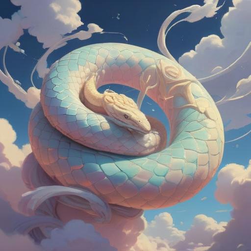 A white snake gracefully coiling among fluffy clouds, ethereal light illuminating its scales, serene expression symbolizing wisdom, soft pastel hues, mystical atmosphere, spiritual connection represented by glowing orbs, tranquil sky background, harmony and peace, 4k