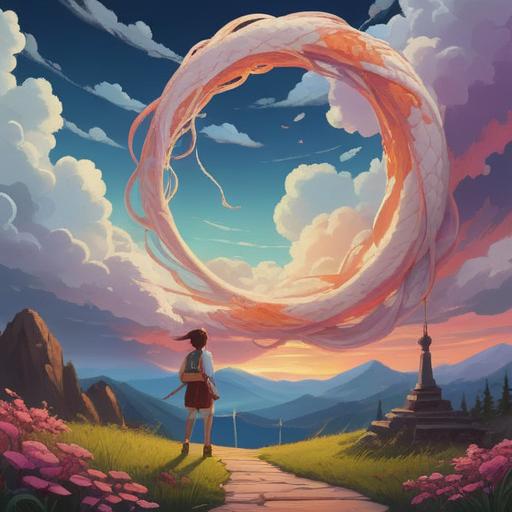 A serene landscape with a white snake weaving through fluffy clouds, mystical energy emanating from the scene, symbols of spirituality in the air, soft lighting highlighting the snake's scales, a tranquil atmosphere, signs of transformation and guidance represented, nature enveloping the scene, vibrant colors of the sky, harmonious connection between earth and sky, 4k