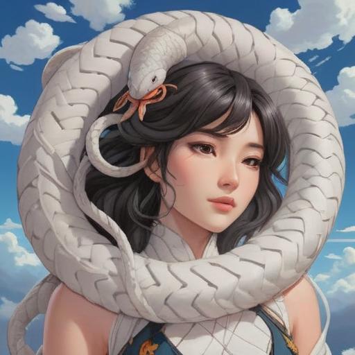 A serene illustration of a white snake coiled gracefully among fluffy white clouds, symbolizing good luck, intricate accessory designs inspired by the snake's patterns, a tranquil sky background, soft sunlight casting gentle shadows, a sense of peace and fortune, 4k