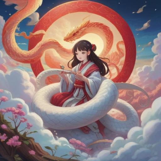 A serene scene of a white snake weaving gracefully through fluffy white clouds, symbolizing good luck and fortune, soft light filtering through the clouds, ethereal atmosphere, intricate details in the snake's scales, gentle movement, harmonious colors blending in the sky, tranquil setting, 4k
