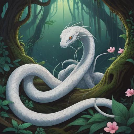 A mystical scene featuring a white snake entwined with a pair of lovers, representing spiritual connection and romance, serene forest backdrop, ethereal light filtering through the trees, soft glows around the snake, intricate details on the snake's scales, emotional expressions on the lovers' faces, harmonious color palette, symbolic imagery, 4k