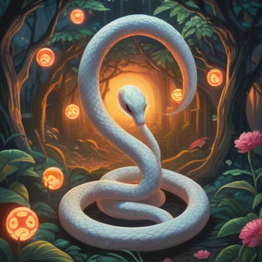 A serene and mystical scene depicting a white snake emerging from a tranquil garden, surrounded by glowing orbs representing spiritual energy, soft light filtering through lush green foliage, symbolic flowers indicating love and intuition, an ethereal atmosphere, signifying caution and awareness in relationships, deep connection with nature, 4k