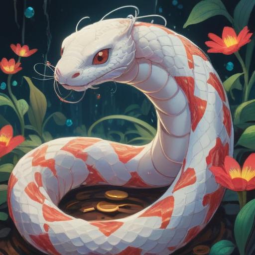 A whimsical illustration of a white snake coiled elegantly around a sparkling lucky charm, symbolizing love, vibrant colors, magical aura, a serene garden background, soft sunlight filtering through trees, intricate details on the charm, enchanting atmosphere, 4k