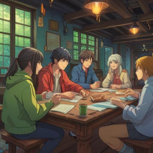 A serene scene depicting a group of diverse people sitting together at a large table, engaging in a collaborative discussion, notebooks and laptops around them, sharing ideas and insights, warm lighting creating an inviting atmosphere, sense of unity and teamwork, modern office setting, high resolution