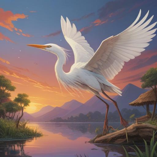 A serene image of a white heron gracefully soaring in the sky, a child joyfully playing under its wings, surrounded by vibrant nature, glowing light symbolizing spiritual blessings, peaceful atmosphere, harmonious connection between the child and the heron, 4k