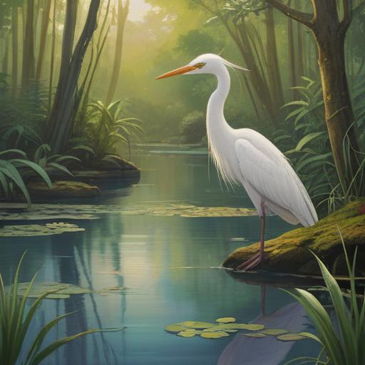 A serene scene depicting a white heron gracefully standing by a tranquil pond, a child observing in awe, soft morning light illuminating their surroundings, a sense of connection to nature, symbols of spiritual signs subtly integrated in the background, harmonious colors, peaceful atmosphere, 4k