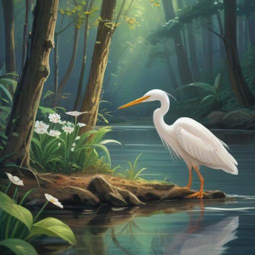 A serene scene featuring a white heron gracefully standing by a tranquil river, a joyful child playing nearby, capturing the essence of luck and innocence, lush greenery surrounding the riverbank, gentle ripples on the water, bright sunlight filtering through the trees, a sense of harmony and joy, 4k