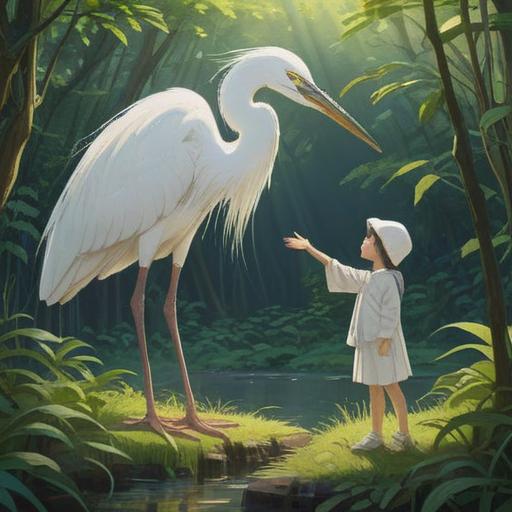 A serene illustration of a white heron standing gracefully beside a curious child, sunlight filtering through lush greenery, the child reaching out to the heron in wonder, a sense of connection and innocence, gentle ripples in a nearby pond, vibrant nature surrounding them, 4k