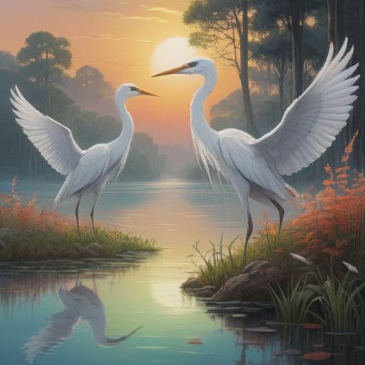 A serene scene featuring numerous white herons gracefully flying over a tranquil lake, symbolizing spirituality and peace, ethereal mist surrounding the water, soft light filtering through lush trees, representing harmony and connection with nature, vibrant natural colors, calm atmosphere, detailed reflections on the water surface, 4k