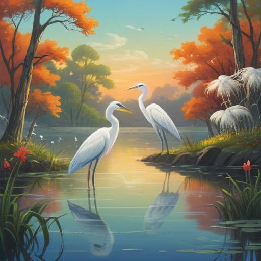 A serene scene depicting many white herons gracefully gathering by a tranquil lake, ethereal light filtering through the trees, a sense of peace and harmony in the air, a subtle glow around the herons symbolizing spiritual presence, lush greenery and soft ripples in the water, conveying a positive and spiritual aura, 4k