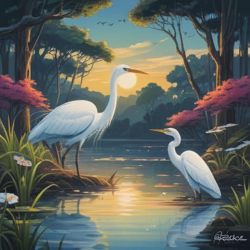 A serene scene showcasing multiple white herons gracefully gathered by a tranquil lake, symbolic of spiritual presence, soft ripples in the water reflecting the birds, lush greenery in the background, an ethereal light illuminating the scene, conveying a sense of peace and divine guidance, nature's harmony, spiritual awakening, high resolution