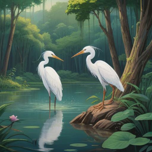 A serene landscape featuring numerous white herons gracefully standing by a tranquil lake, surrounded by lush greenery, reflecting calmness and spirituality, a collection of recommended spiritual items like crystals and incense placed artistically near the water's edge, soft morning light illuminating the scene, peaceful atmosphere, nature's harmony, 4k