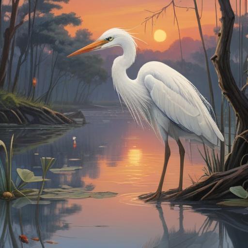 A mystical scene of a white heron symbolizing love luck, serene landscape with gentle water reflections, a soft glow around the heron, surrounded by blooming lotus flowers, ethereal light illuminating the surroundings, calm and peaceful atmosphere, spiritual energy radiating, harmonious connection with nature, 4k