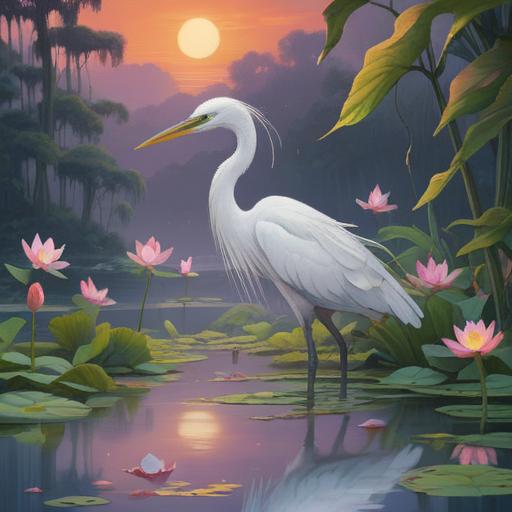 A serene scene featuring a graceful white heron standing by a tranquil lake, surrounded by blooming lotus flowers, ethereal mist rising from the water, soft sunlight filtering through the trees, symbolizing spiritual signs in romance, a gentle breeze rustling the feathers, conveying a sense of love and intuition, peaceful ambiance, 4k
