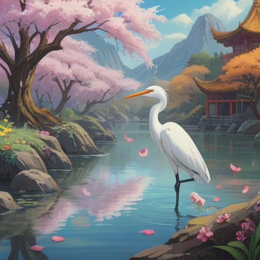 A serene landscape featuring a graceful white heron, symbolizing good fortune in love, surrounded by blooming cherry blossoms, gentle rippling water reflecting the heron's elegance, tranquil atmosphere, vibrant colors, enchanting setting, hopeful ambiance, 4k