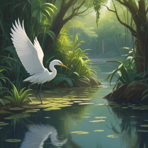 A serene illustration of a white egret delivering a message, enchanting scenery by a tranquil pond, lush greenery surrounding the water, soft sunlight filtering through the trees, a person receiving the message with hopeful expression, gentle ripples in the water, ethereal atmosphere, focus on love and fortune, 4k