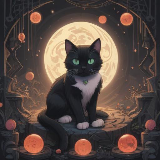 A serene and mystical illustration of a black and white cat sitting gracefully, surrounded by ethereal symbols and soft, glowing orbs, illustrating its spiritual significance, calm and tranquil environment, starry night sky in the background, gentle light illuminating the cat, emphasizing its wise and magical aura, 4k