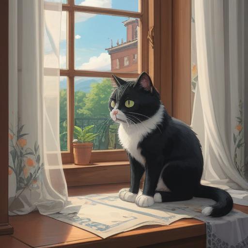 A spiritual illustration of a black and white cat sitting gracefully on a windowsill, soft sunlight filtering through sheer curtains, serene and peaceful atmosphere, symbols of good luck surrounding the cat, intricate patterns representing positive energy, mystical aura, delicate details emphasizing tranquility, 4k