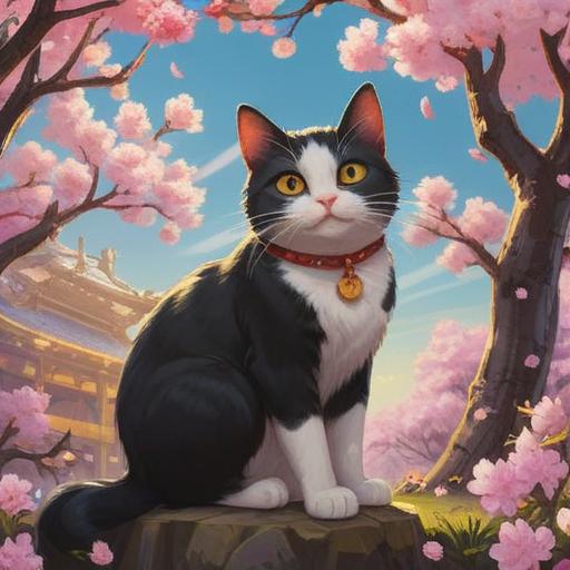 A black and white cat sitting under a blooming cherry blossom tree, a small golden charm hanging from its collar, vibrant flowers in the background, sunlight filtering through the branches, an aura of luck and positivity, serene atmosphere, 4k