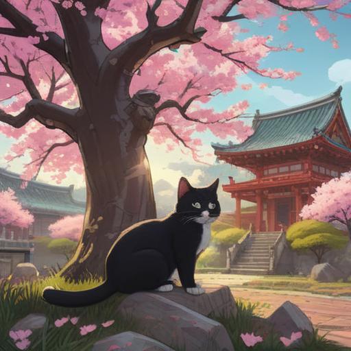 A black and white cat symbolizing good luck, serene expression, surrounded by traditional Japanese elements, soft sunlight filtering through cherry blossom trees, intricate patterns on the ground, a hint of mysticism, capturing the essence of fortune, 4k