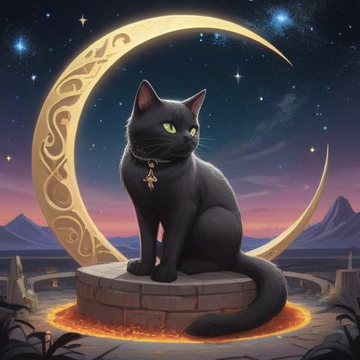 A mystical black and white cat sitting on a crescent moon, surrounded by glowing stars, ancient symbols in the background, ethereal aura, enchanting night sky, representing intuition and mystery, serene and calm atmosphere, highly detailed fur texture, 4k